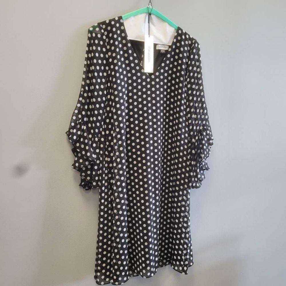 Calvin Klein Women's Midi Poka Dots Ruffle Sleeve in Black Cream Sz 8